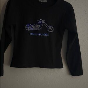 Elegant Black Long Sleeve Tee with Blue Motorcycle Graphic